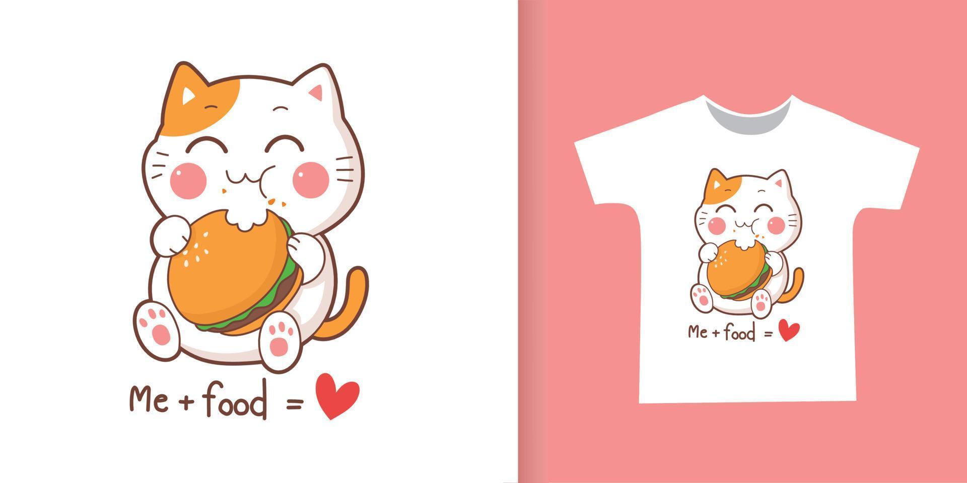 cute cat eating hamburger  cartoon for t-shirt. vector