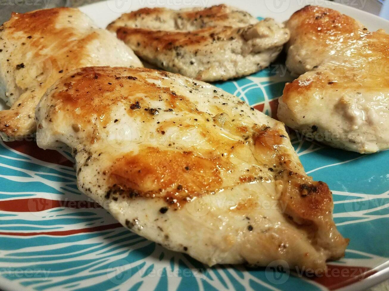 juicy chicken breast on blue and white and red plate photo