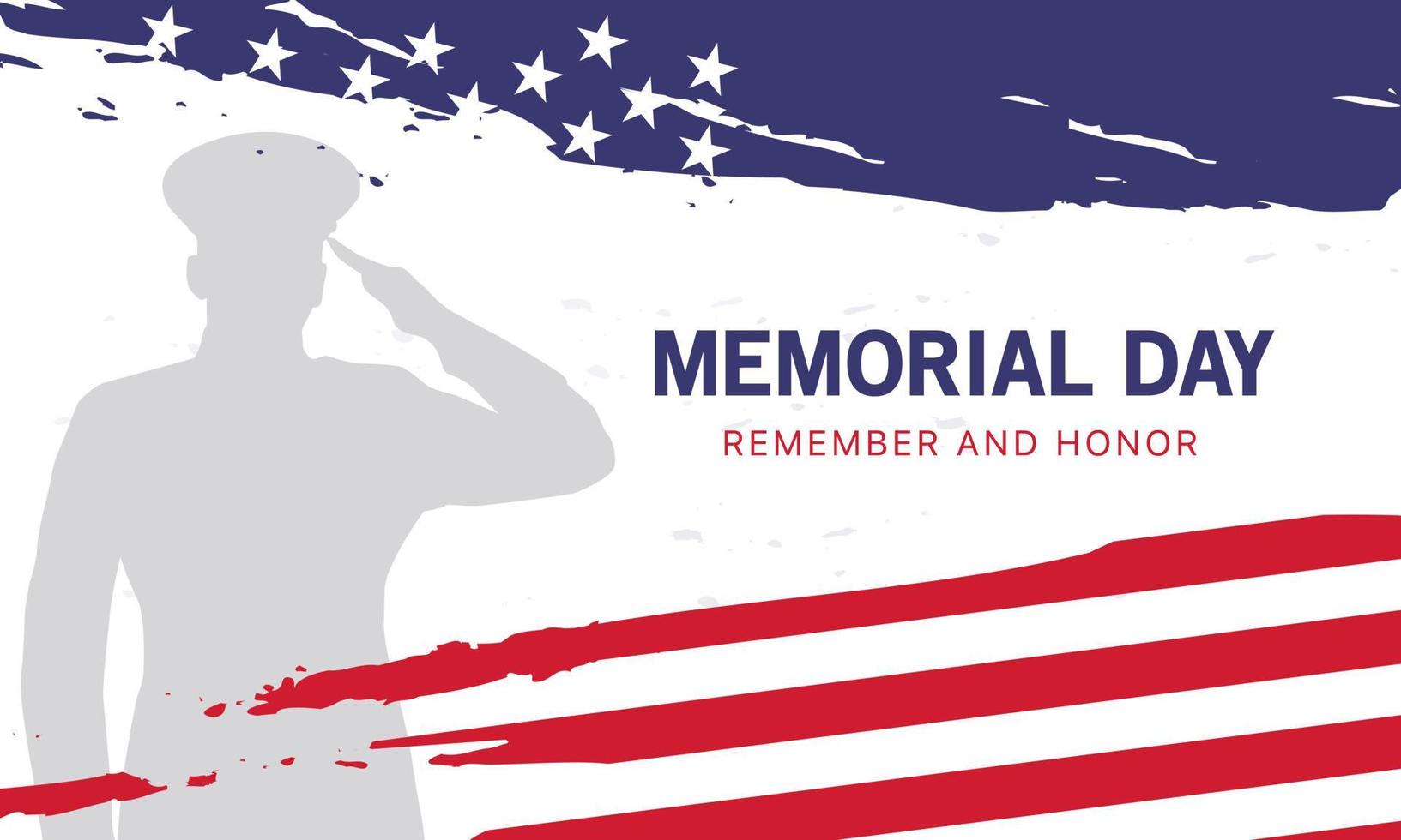 feliz día conmemorativo. tarjeta de felicitación con bandera y soldado en el fondo. evento festivo nacional americano. ilustración vectorial vector