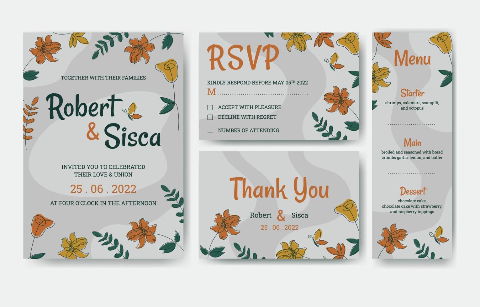 conjunto de diseño de invitación de boda con concepto floral dibujado a mano vector