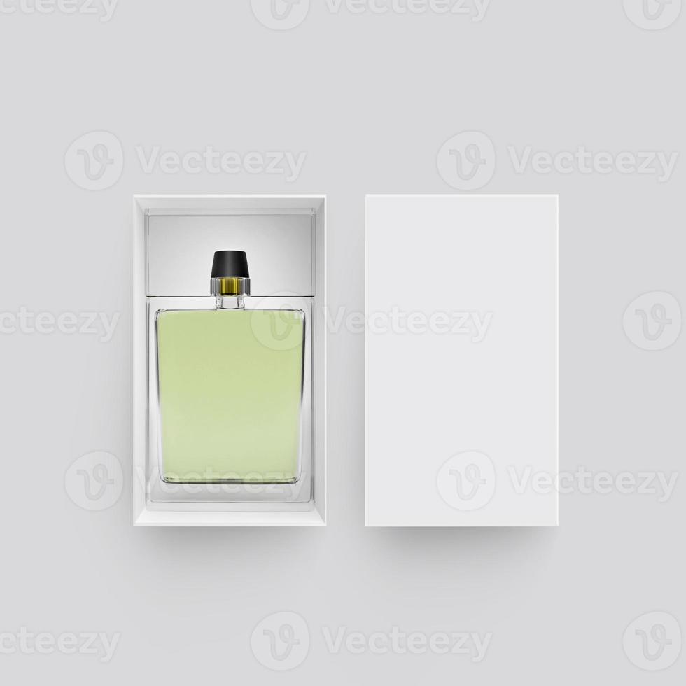 botella de perfume en blanco en una caja dura para la marca, ilustración de presentación en 3d foto