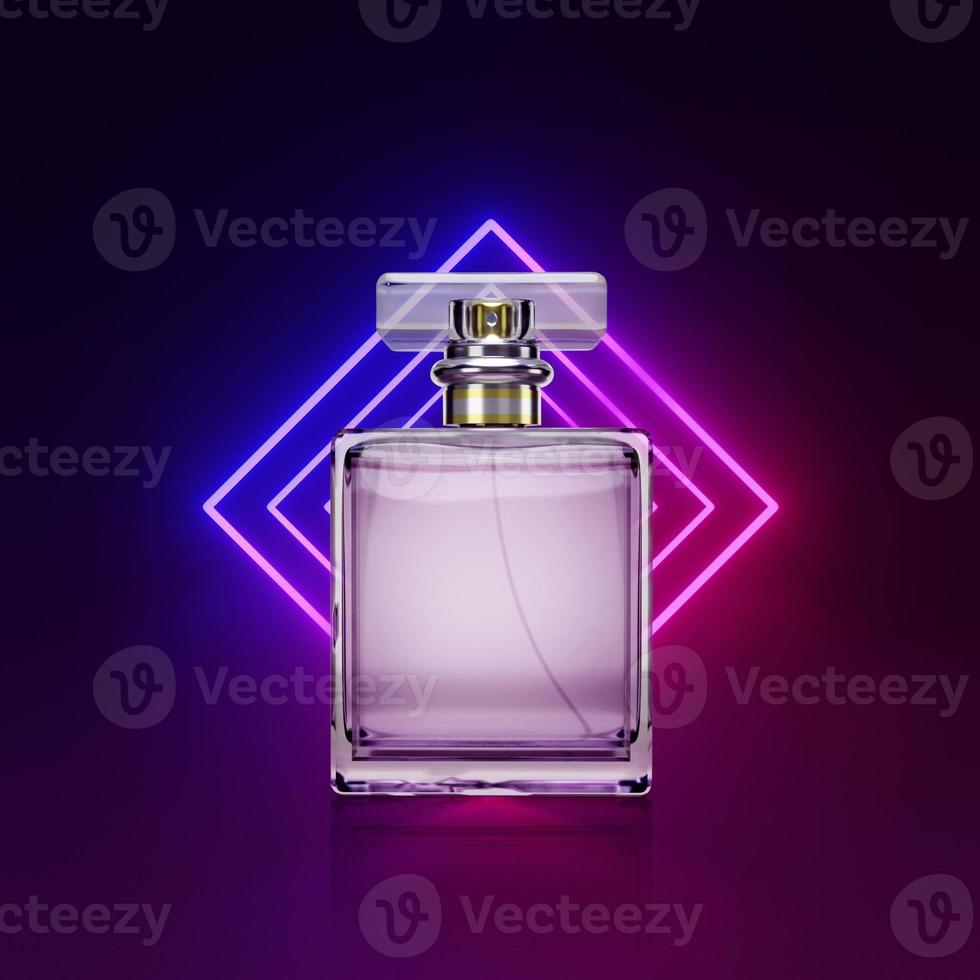 Perfume bottle on a background 3d render, glowing lines, tunnel, neon lights photo