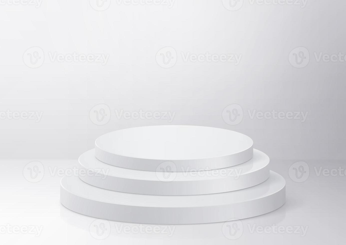 Shiny white round pedestal podium. Abstract high quality 3d concept illuminated pedestal by spotlights on white background. Futuristic background can be add on banners flyers ro web. 3d render photo