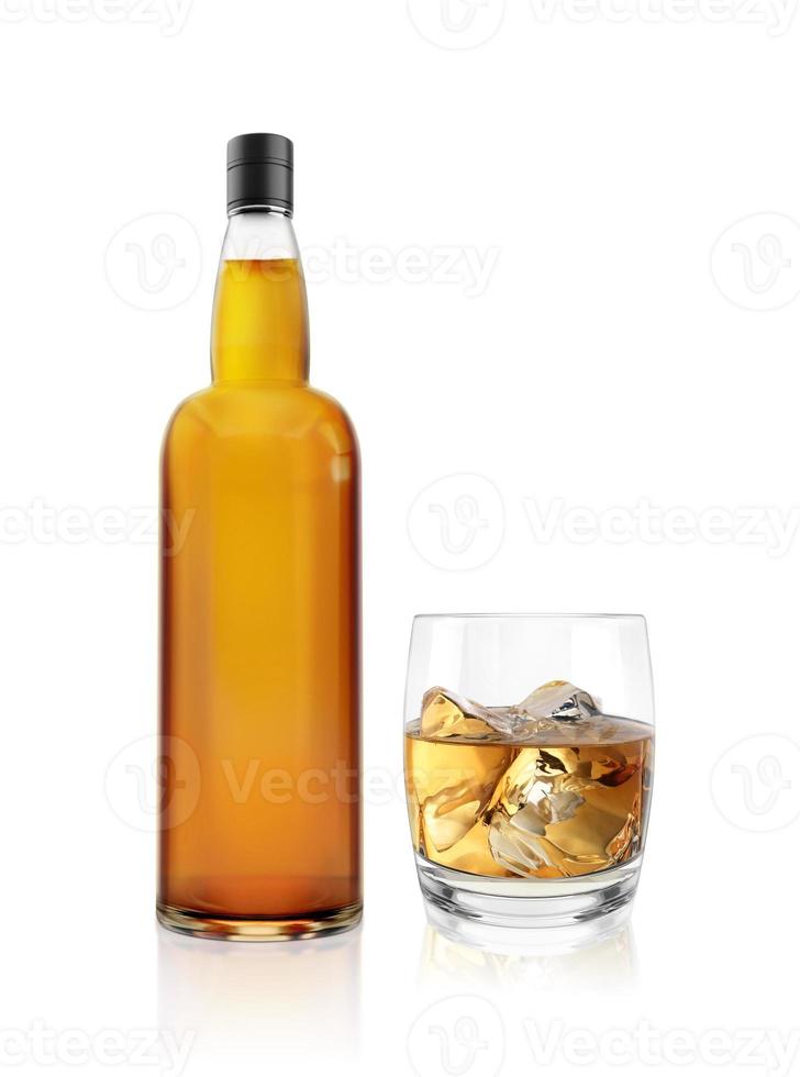 Realistic whiskey glass and bottle. Traditional alcohol drink bottles mockup. Brandy, scotch brown beverage bottles. 3d render photo