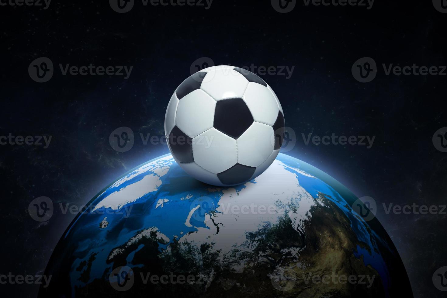 Soccer ball on, night world in outer space abstract wallpaper. 3d render photo