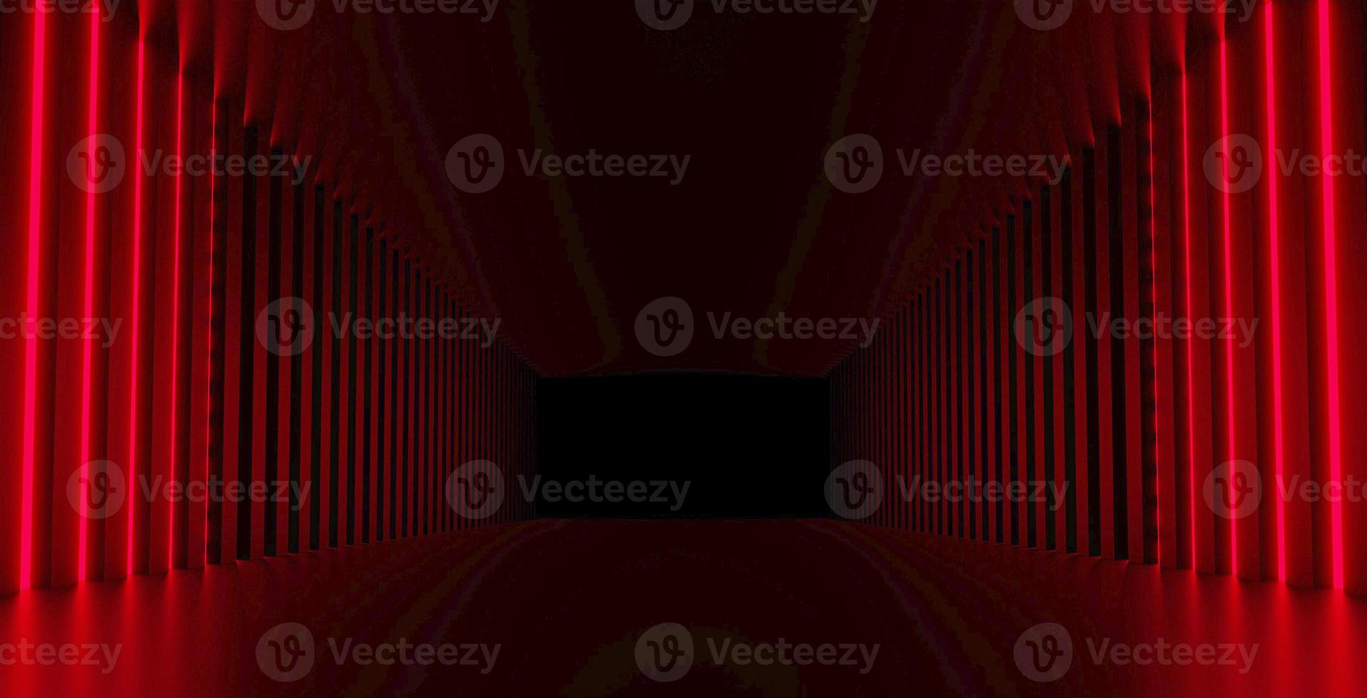 Futuristic sci-fi abstract red neon light shapes on black background and reflective concrete with blank space for 3D text rendering photo