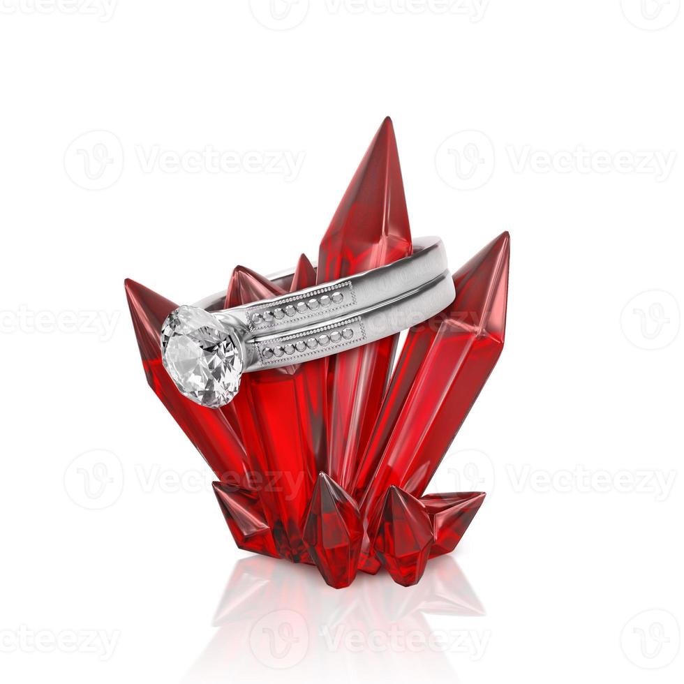 Elegant diamond ring, on emerald red crystal isolated on white background. 3d render photo