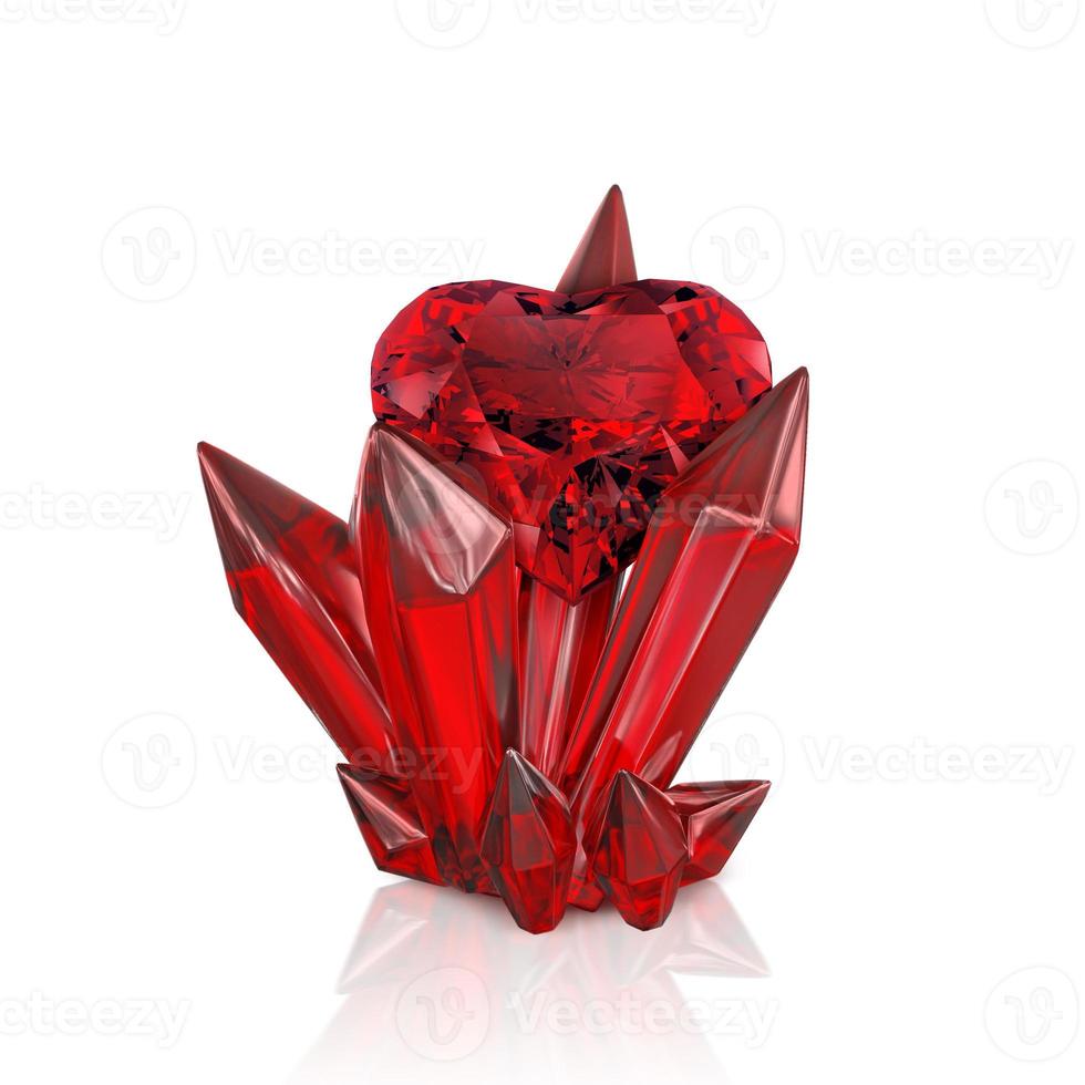 Red heart shaped diamond, on emerald red crystal isolated on white background. 3d render photo