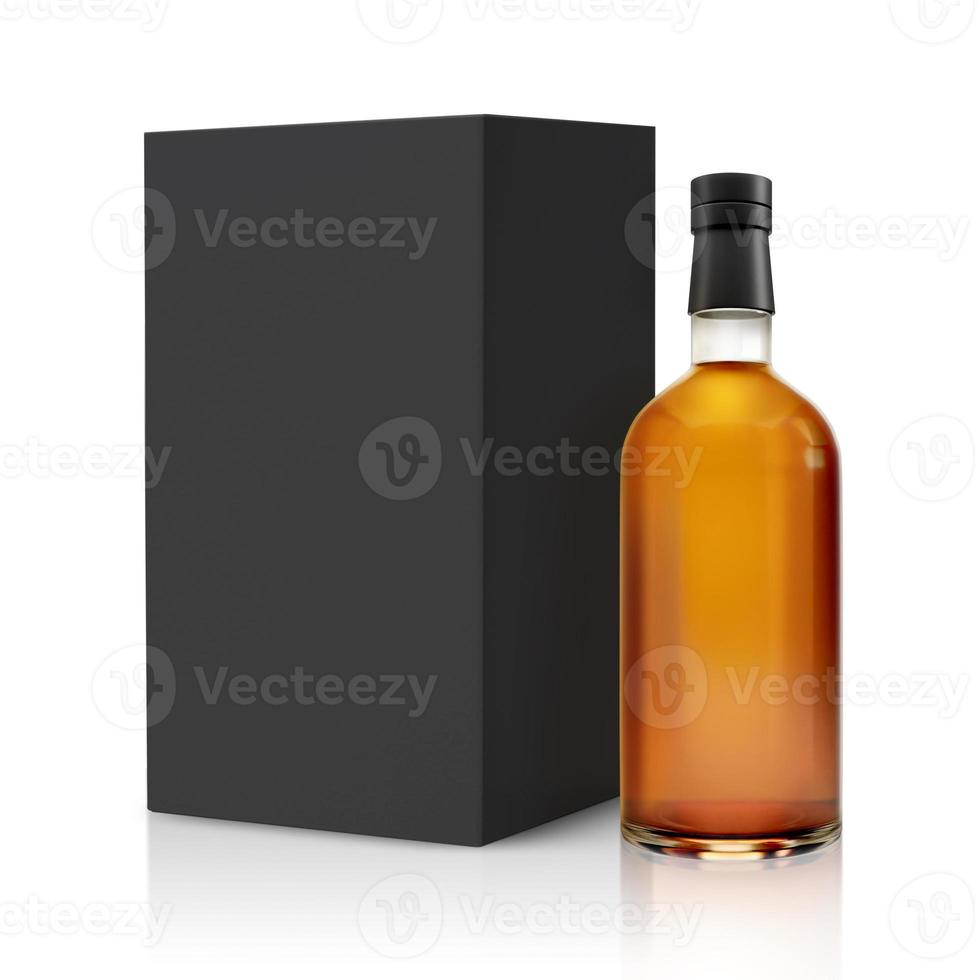 botella de whisky con embalaje de caja de papel para la marca. renderizado 3d foto