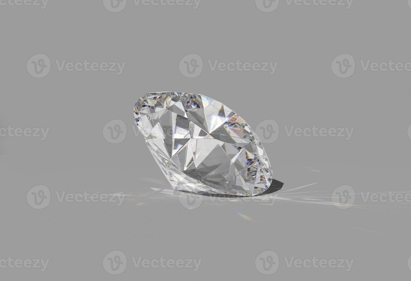 round diamond cut on shiny white background, back light, shiny, caustic rays 3D render photo
