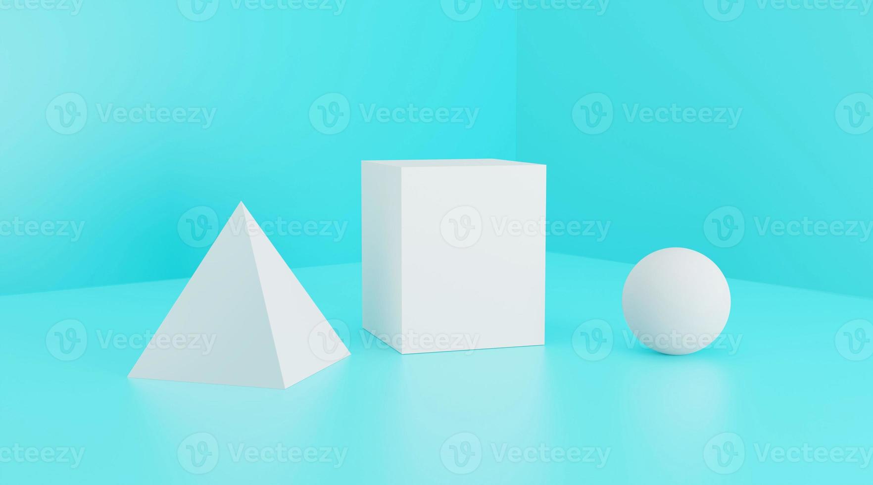 White geometric shapes on blue studio floor, 3d rendering photo