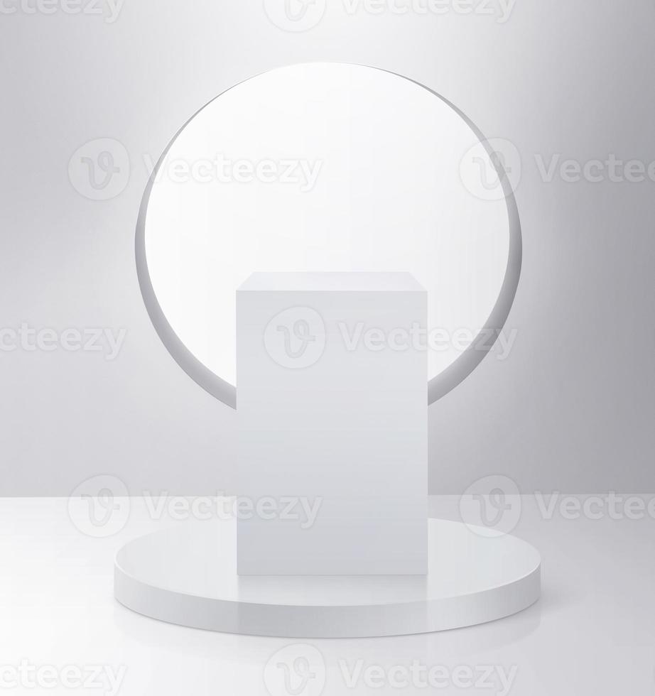 White rectangle empty pedestal and white window wall. Simple template for an advertisement or web design. 3D render photo
