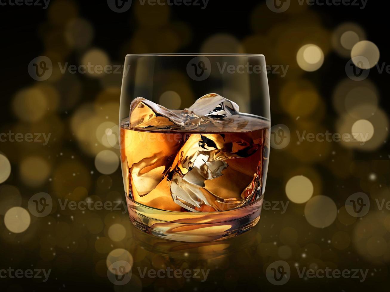 Glass of whiskey. gold abstract bokeh background. 3d render photo