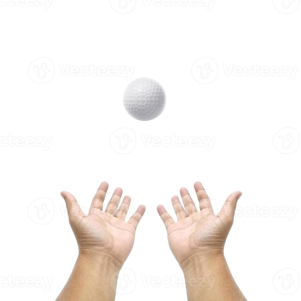 Hand holding Golf ball on white background photo