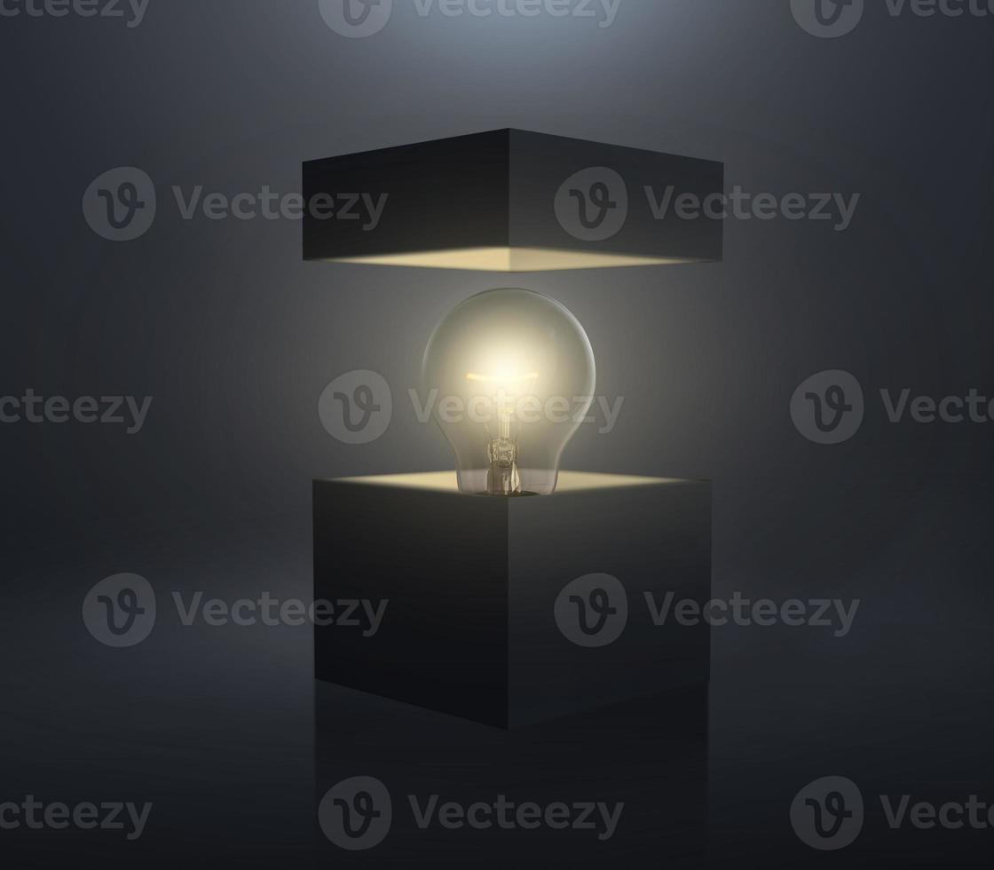 Ideas inspiration with of lightbulb in box black on dark color background .Business creativity. motivation to success photo