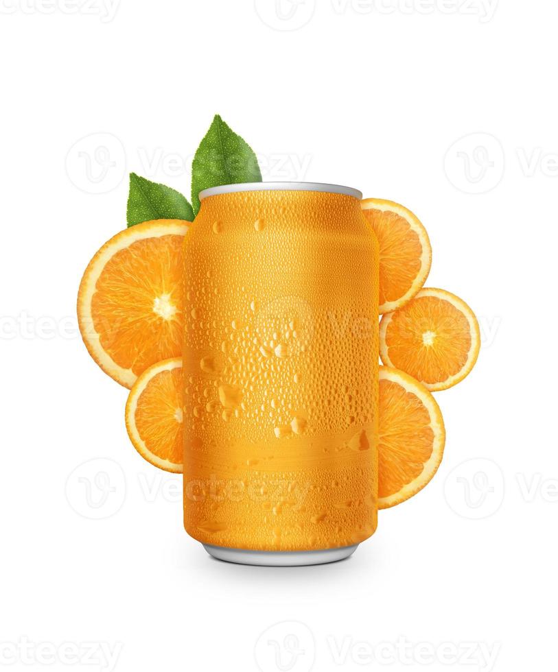 Aluminum orange soda can with fruits on white background photo