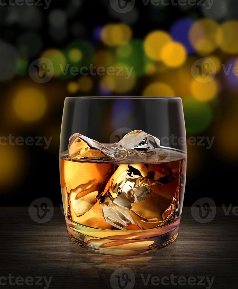 Glass of whiskey on a wooden table bar background abstract bokeh lights with soft light. 3d render photo