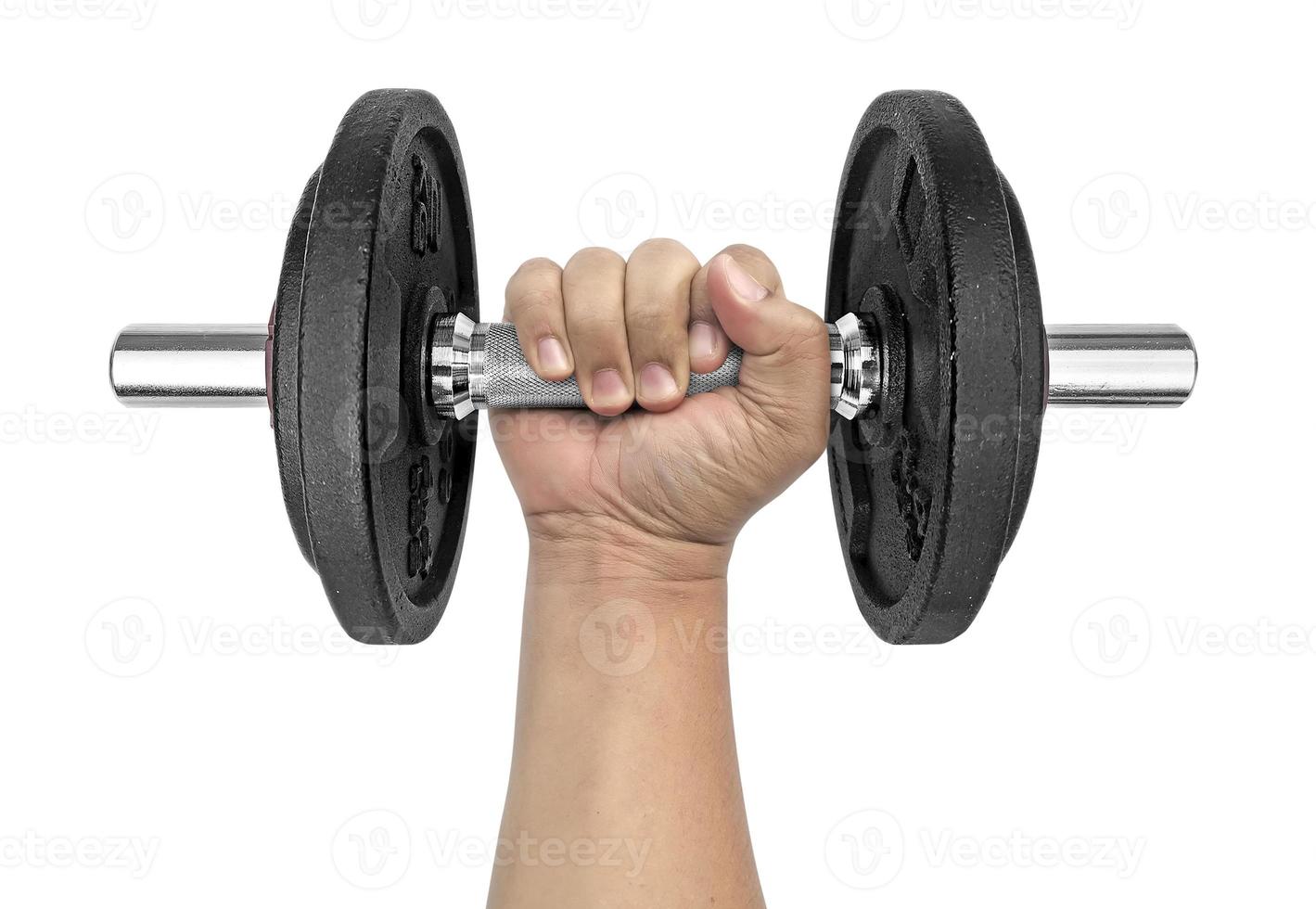 Hand holding dumbbell on isolated white background photo