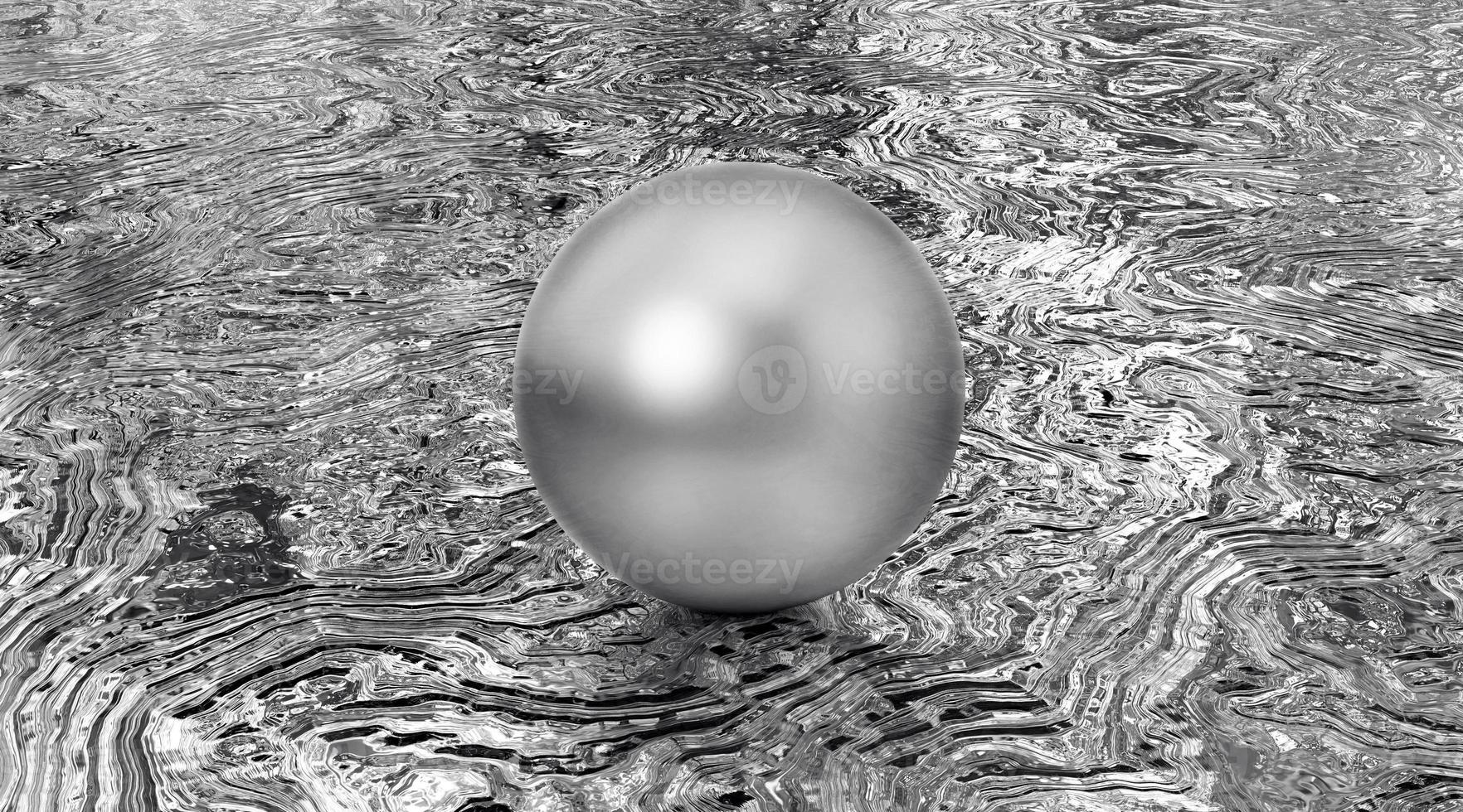 Realistic glossy chromium silver ball with glares on reflection silver wave background. 3d render photo