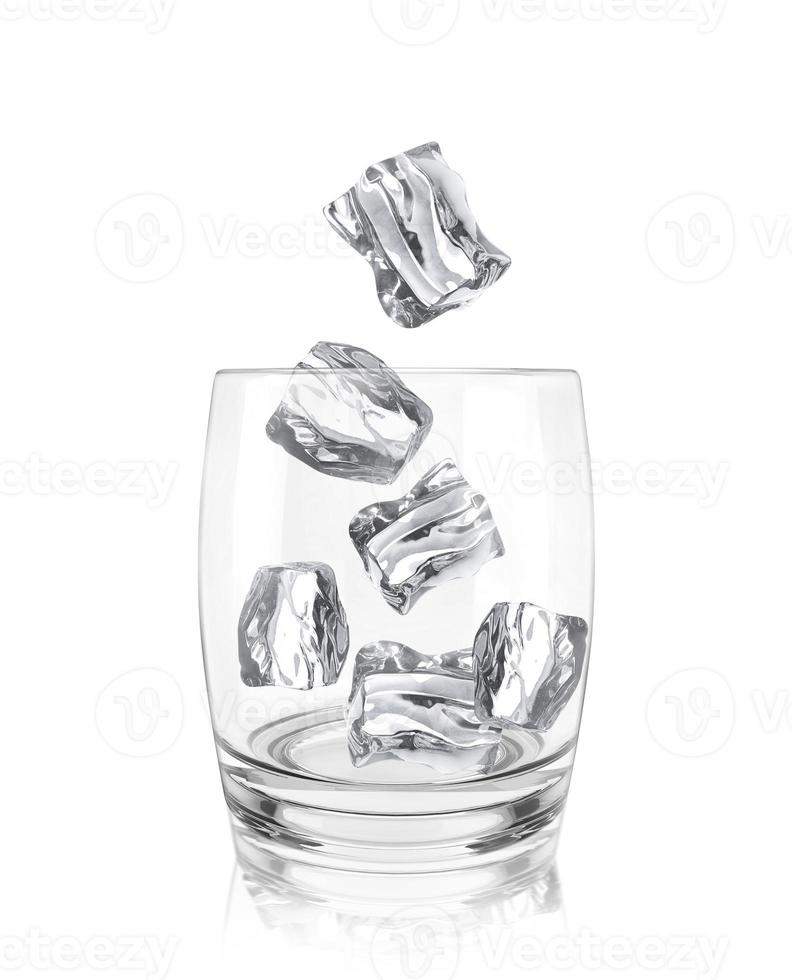 Ice Cubes Falling Into Glass on a white background. 3d render photo