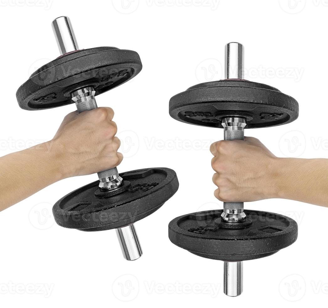 Hand holding dumbbell on isolated white background photo