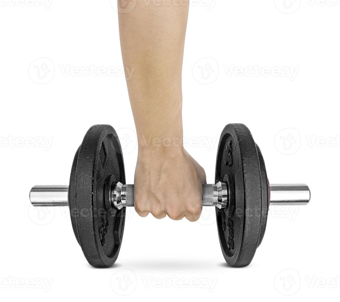 Hand holding dumbbell on isolated white background photo