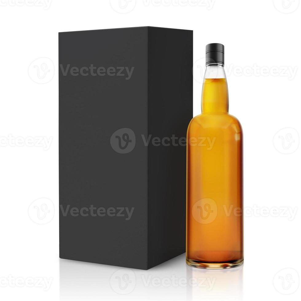 botella de whisky con embalaje de caja de papel para la marca. renderizado 3d foto