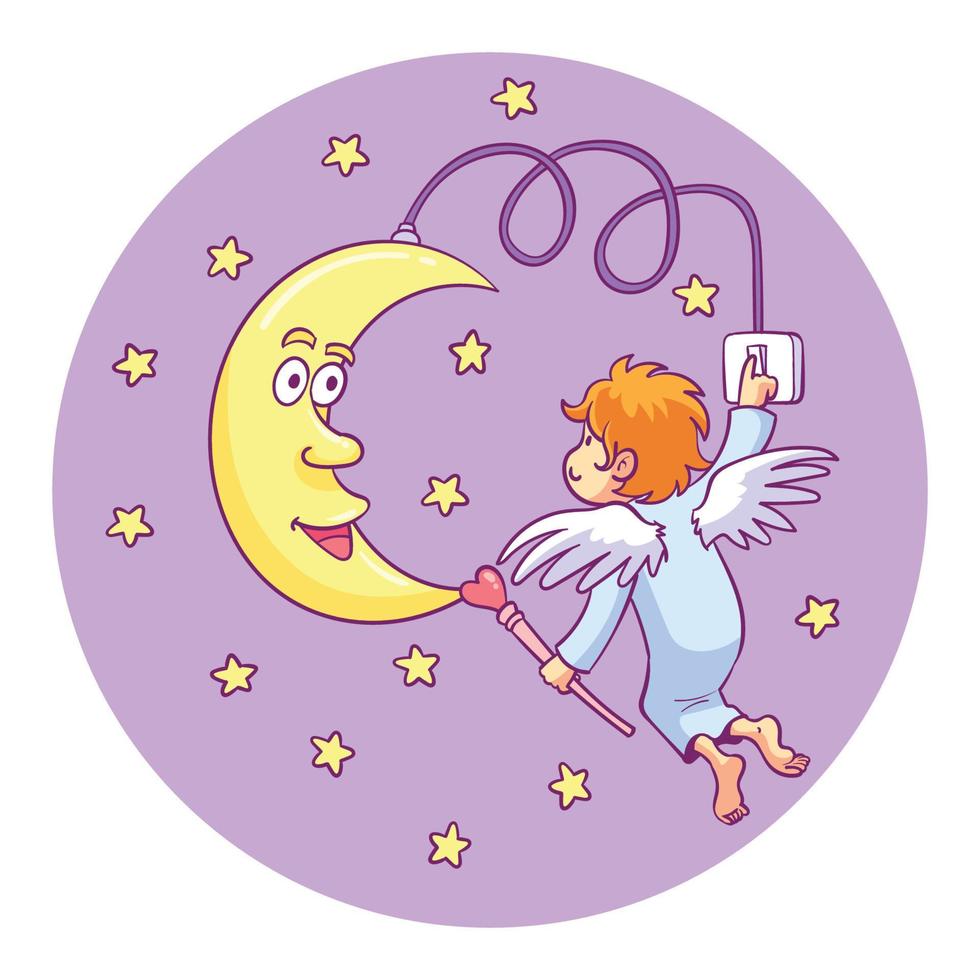 cupid turn on the moon shaped lamp vector