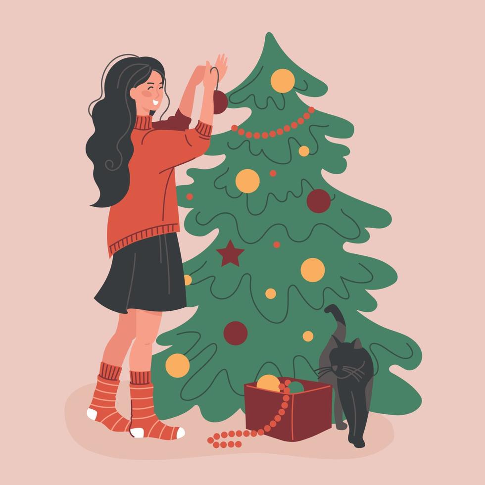 niña decora el árbol de navidad. preparándose para el nuevo año. imagen vectorial vector