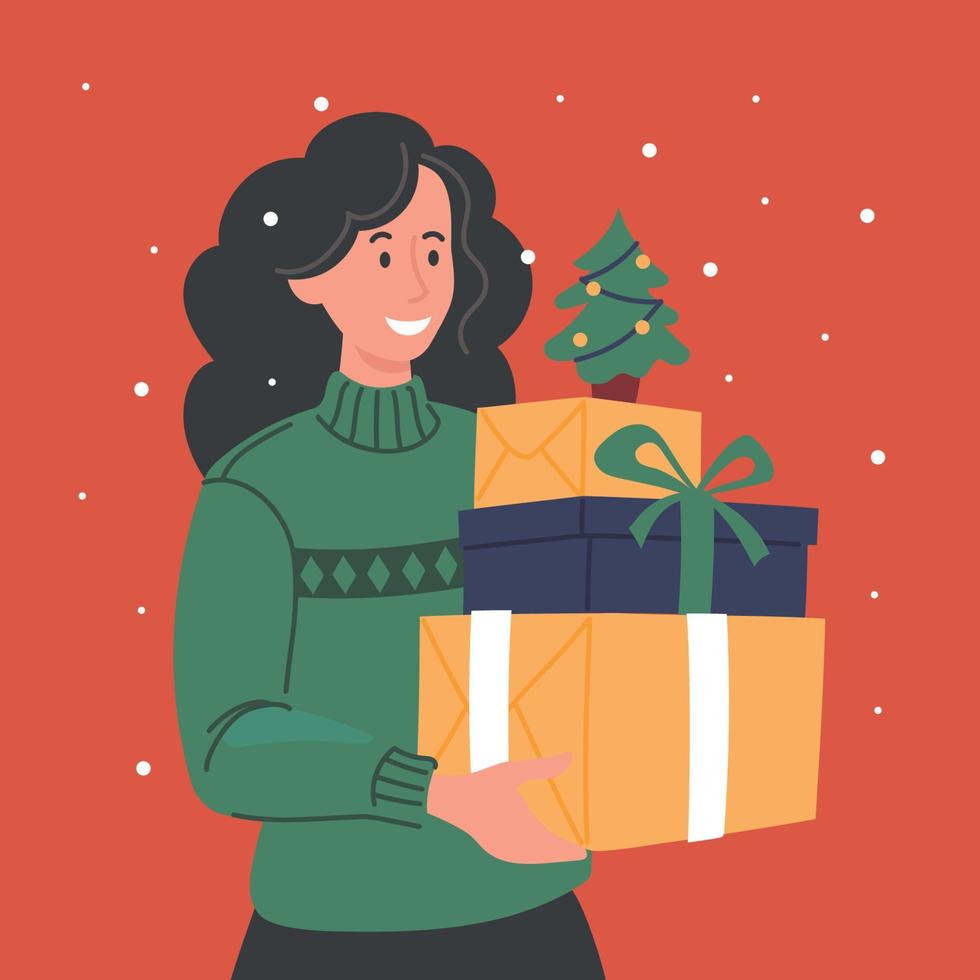 Girl with a gift.The woman congratulates on the holiday and gives a gift. vector