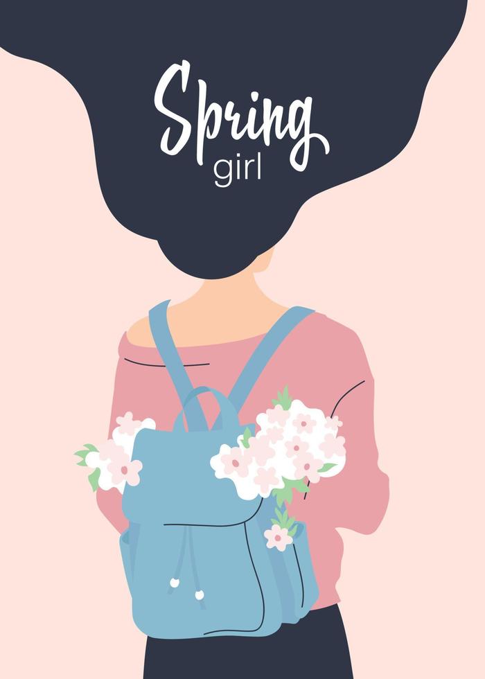 Girl spring. Postcard. Girl with flowing hair and a backpack. From the back. Vector image.