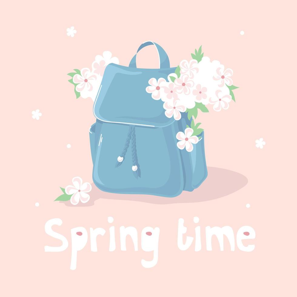 Spring time. Women's backpack with flowers. Delicate postcard. Vector image.