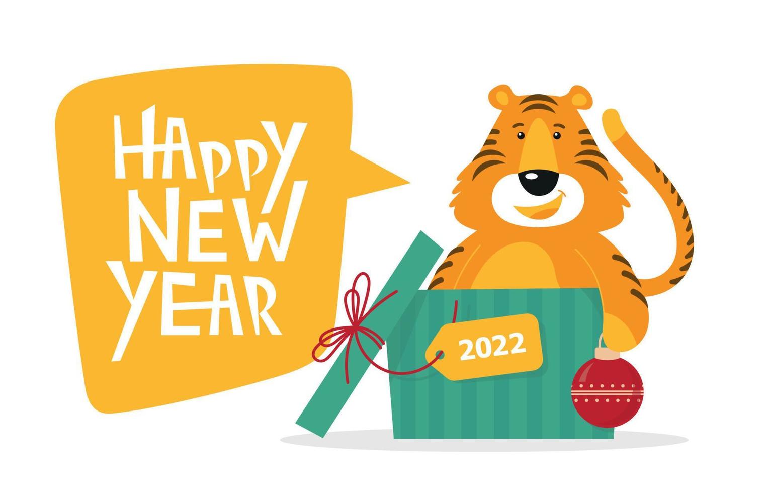 feliz año nuevo. regalo de año nuevo. tigre en una caja de regalo. tigre 2022. símbolo de año nuevo. letras. vector