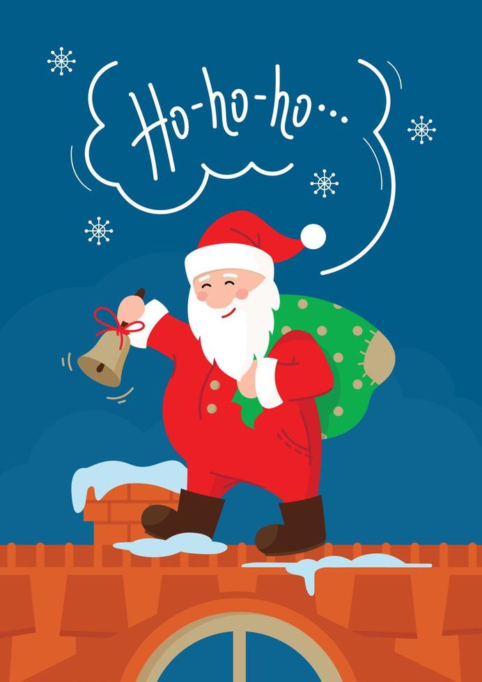 Santa claus with a bag of gifts on the roof of the house. Happy new year. Merry Christmas. New Year card. Vector. vector