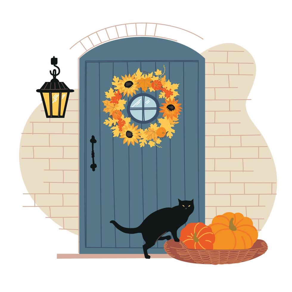 Autumn wreath. Wreath of leaves on the door. Autumn atmosphere. Halloween. Pumpkins and black cat. Vector image.