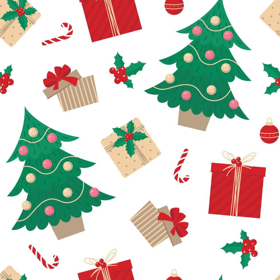 patrón de Navidad sin costuras. árbol de navidad y regalos. fondo para el nuevo año. vector