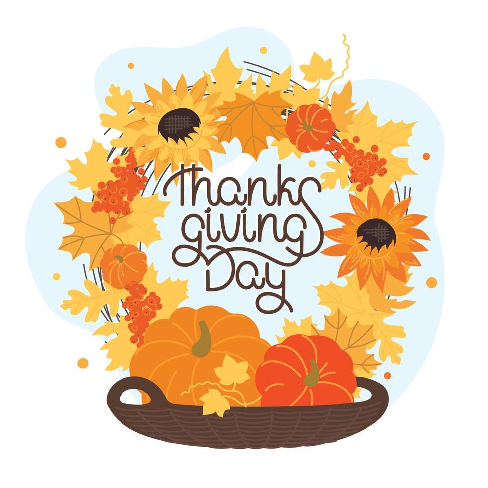 Thanksgiving day. Holiday. Autumn wreath and basket with pumpkins. Inscription. Vector image.