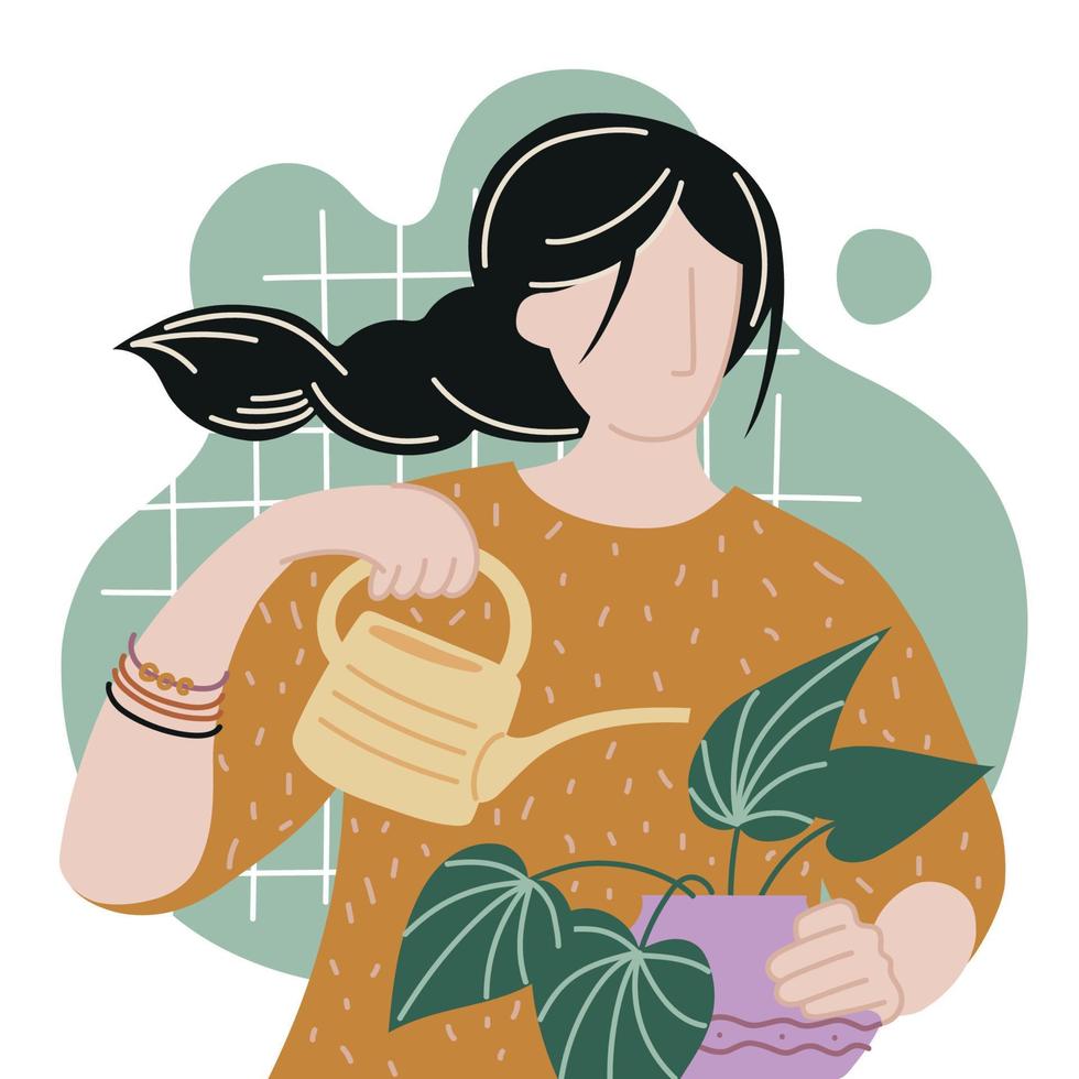 Houseplants. Girl watering indoor flowers from a watering can. Vector image.
