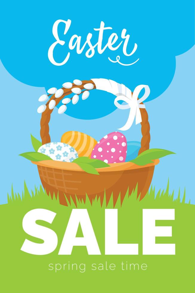 Easter holiday. Poster on the theme of the Easter sale. A basket of colored eggs stands on the grass. Vector image.