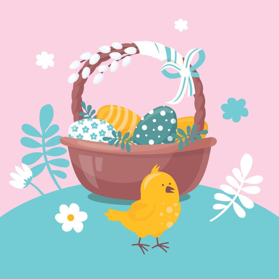 Easter holiday. Basket with colored eggs and chicken. Vector image.