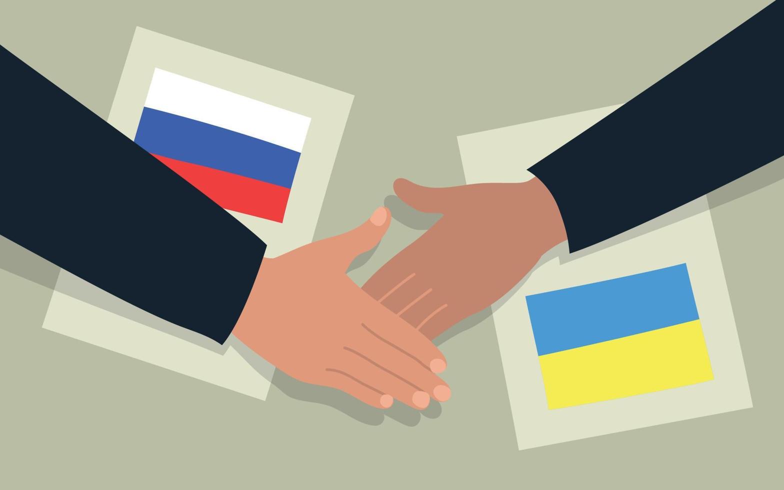 Conclusion dogora, greeting. Handshake of two people. Sheets of paper with the image of the flags of Russia and Ukraine. Vector image.