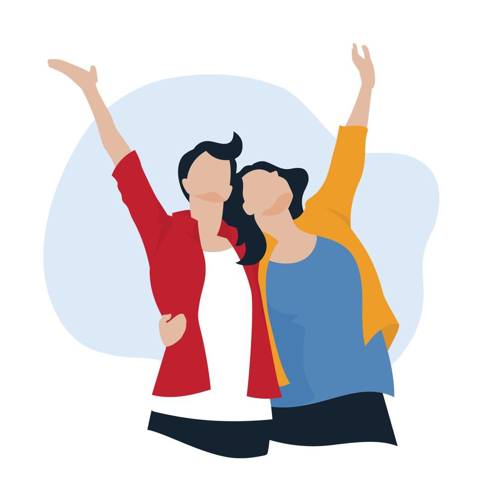 Happy people. Man and woman raised their hands up and enjoy life. Success, hugs. Vector image.