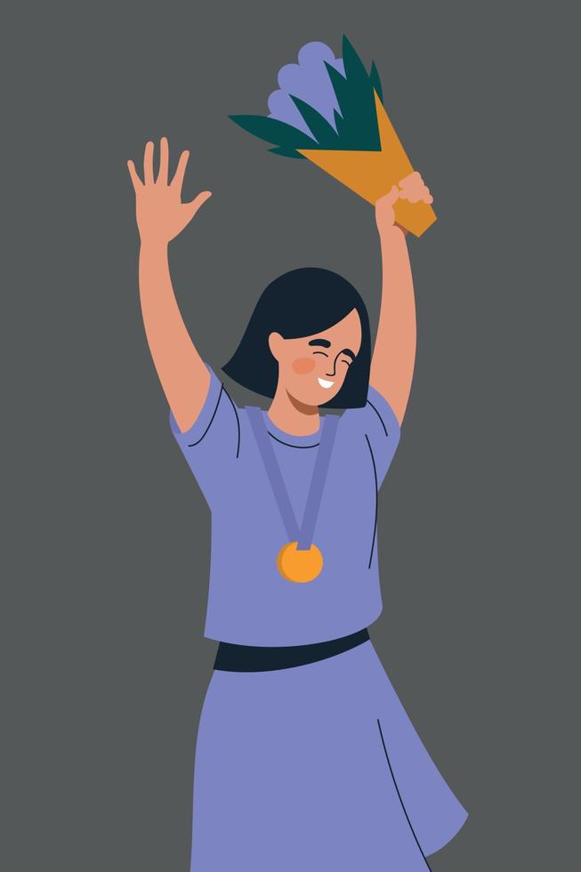 Winners. A woman with a medal and a bouquet of flowers. The girl raised her hands up and rejoices in victory. Vector image.