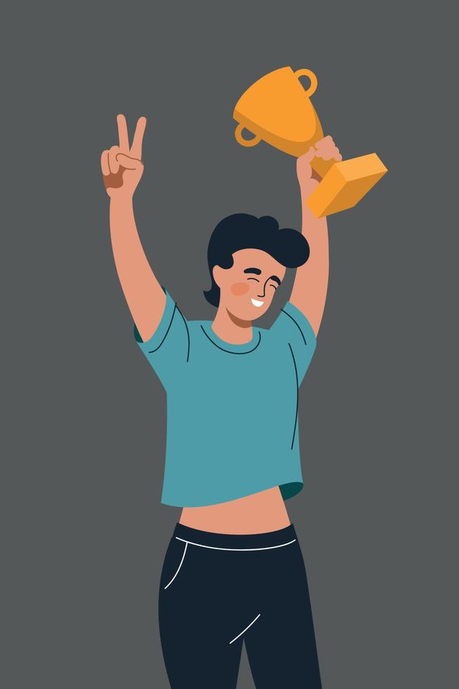 Winner. A man holds a goblet and rejoices in victory. Vector image.