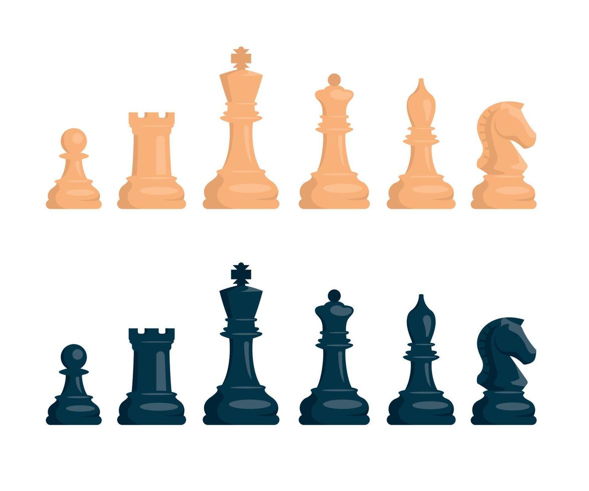 Chess. Set of white and black chess pieces. Knight, rook, pawn, bishop, king, queen. Vector image.