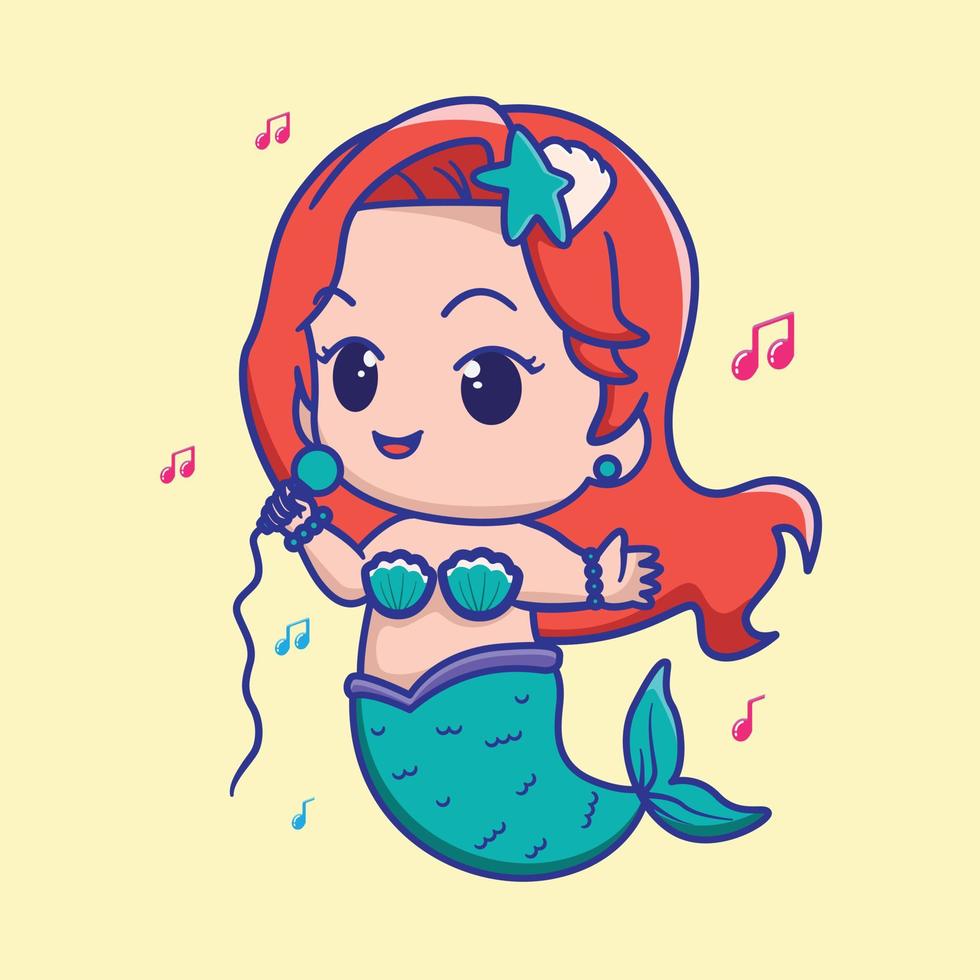 linda sirena cantando al estilo de las caricaturas. para obras de arte de moda para niños, libros para niños, tarjetas de felicitación. vector