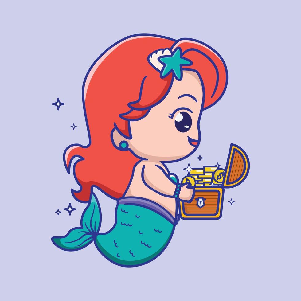 Cute mermaid holding a treasure Chest, for kids fashion artworks, children books, greeting cards. vector