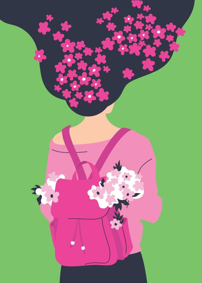 Spring girl. Postcard. Girl with a backpack and flowing hair. Vector image.