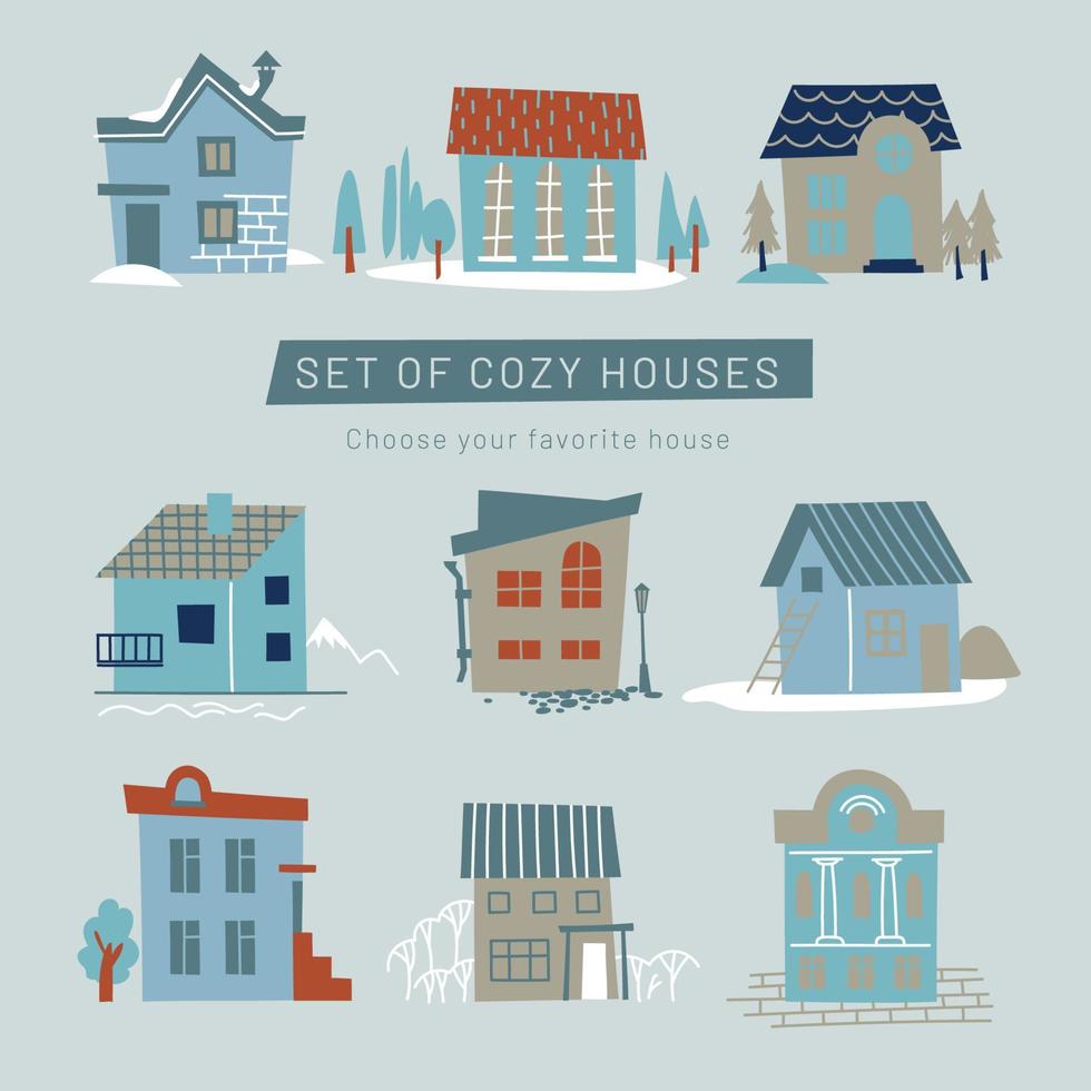 Modern tiny house. House set. Flat house collection. Nice house building. Cozy home. Vector. vector