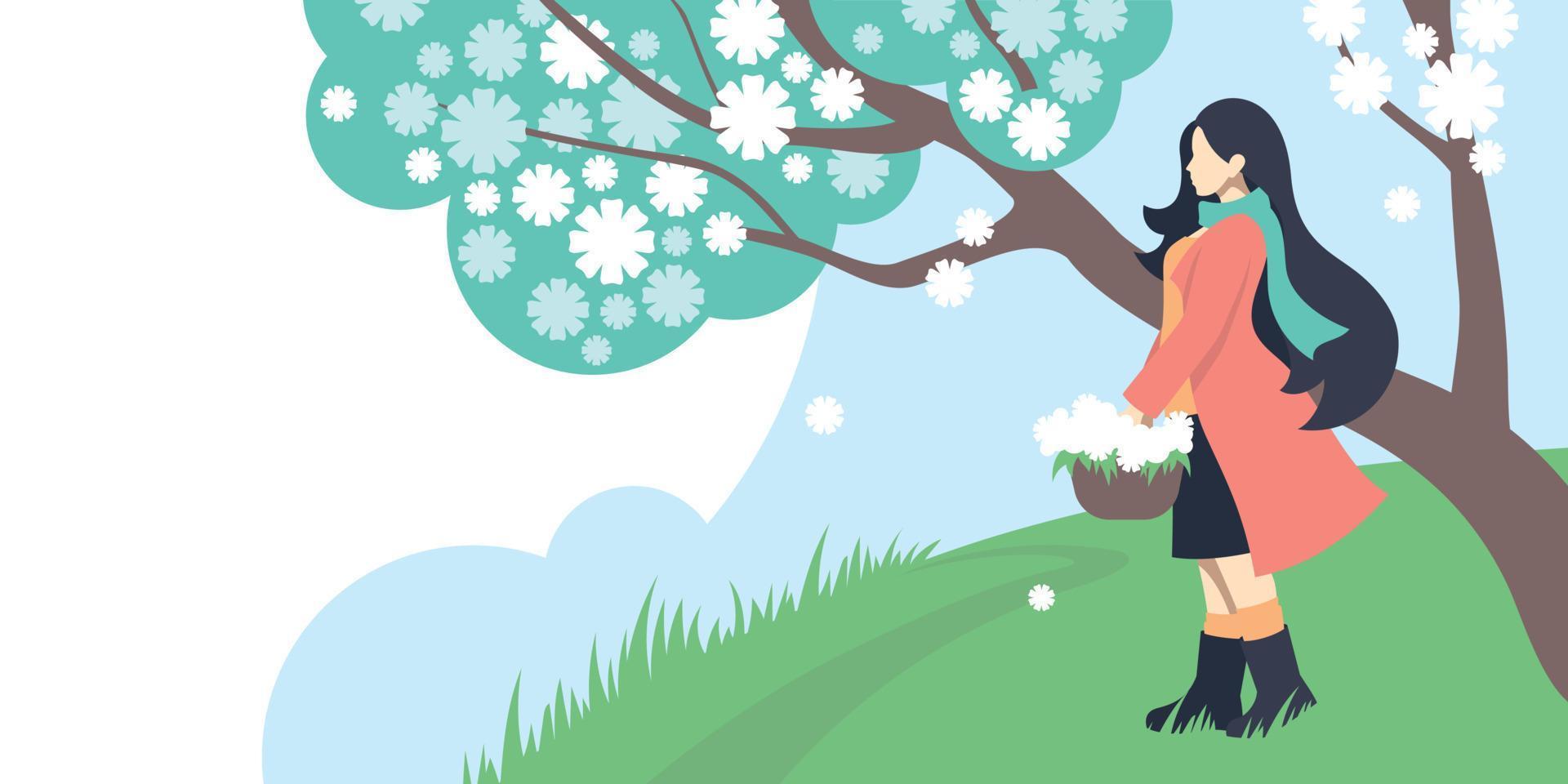 Spring girl. Beautiful young woman with a basket of flowers against the backdrop of a spring landscape. Vector image.